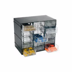 Mod. HOBBY 15 composta da 15 cassetti trasparenti. Dimensioni cassettiera mm 228x140x190h Dimensioni cassetto mm 72x137x34h