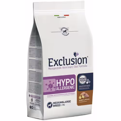 Exclusion Diet Hypoallergenic Pork and Pea (Maiale e Piselli) è un alimento completo dietetico per cani adulti formulato per ...