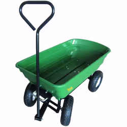 Carrello per il giardino dal telaio in acciaio, con cassa ribaltabile in PP, dotato di 4 ruote di cui 2 sterzanti con timone, ...