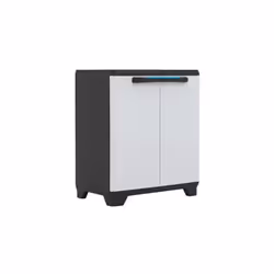 In plastica resistente di colore grigio con finitura legno. Con due ante e 1 ripiano regolabile. Dotato di piedini regolabili ...