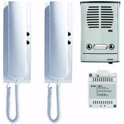 Kit citofonico per impianto bifamiliare con collegamento a 4+2 conduttori contenente 1 placca grigio luce da parete con 2 pul ...