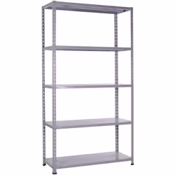 Scaffale in acciaio composto da 5 piani rinforzati, 8 montanti - 4 piedini in PVC, dati, bulloni. Dimensioni 100x40xH188 cm.  ...