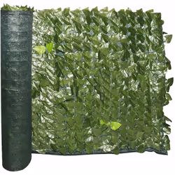 Siepe artificiale ornamentale in rotoli con supporto rigido in rete, plastica estrusa e con tralci di foglie di lauro in nylo ...