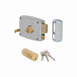 Serratura da applicare per ferro. Catenaccio e scrocco. Pomolo interno e cilindro esterno fisso. Mano DX Entrata mm.70