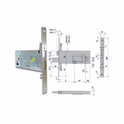 Cisa 57357. Serratura da infilare a doppia mappa, per fasce. Catenaccio e scrocco. Scrocco regolabile da 11 a 17 mm. Predispo ...