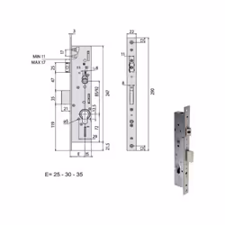 Serratura montanti alluminio infilare Frontale inox - Catenaccio Scrocco reversibile regolabile mm 11/17 Ambidestra Cilindro  ...