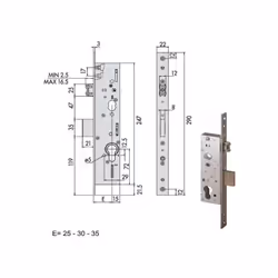 Serratura montanti alluminio infilare Frontale inox - Catenaccio Rullo regolabile mm 2,5/16,5 Ambidestra Cilindro non incluso ...
