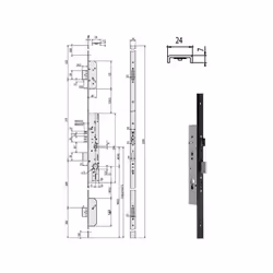 Elettroserratura V12 infilare interasse mm 85 Frontale piatto mm 24x2300 riducibile mm 150+350 3 catenacci di chiusura Scrocc ...