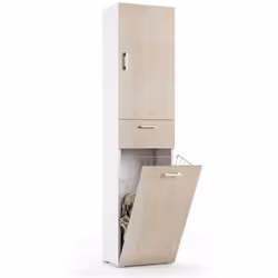 Colonna multiuso in bianco rovere con cestone porta biancheria e cassetto. Design moderno e salvaspazio, ideale per mantenere ...