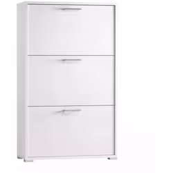 Scarpiera elegante e funzionale in bianco, dimensioni 67x18x112 cm, con tre ante a ribalta per organizzare fino a nove paia d ...