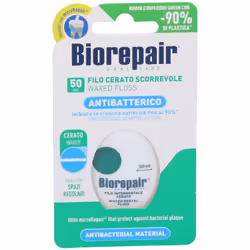 Biorepair Filo Interdentale Cerato Gusto Menta è realizzato con SCP antibatterico e microRepair e possiede un'azione pulente  ...
