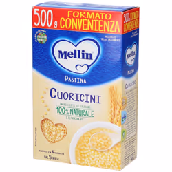 Mellin CUORICINI Pastina con 100% farina di grano tenero.
 Dal 5° mese.

Modalità d'uso
 La dose iniziale è di 1/2 cucchiaino ...