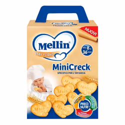Mellin MiniCreck è uno snack per bambini da 8 a 36 mesi, parte del programma PRECINUTRI. Gusto non salato, ricco di vitamine  ...