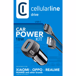 Cellularline USB Car Charger Kit 18W - USB-C - Huawei, Xiaomi, Wiko, Asus and other smartphone, Auto, Accendisigari, 1 m, Ner ...