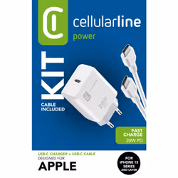 Cellularline Charger Kit 20W - For iPhone 15 Series, Interno, AC, 1 m, Bianco