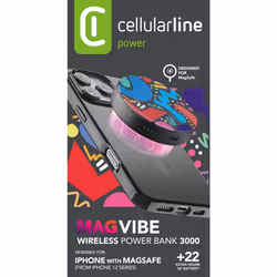 Cellularline Mag Vibe 3000 MAG VIBE è il power bank MagSafe da 3000 mAh con design compatto e rotondo con grafiche colorate. Si aggancia magneticamente all’iPhone per una ricarica wireless da 5W. Perfetto per chi cerca stile e praticità in movimento. - Vista aggiuntiva 3