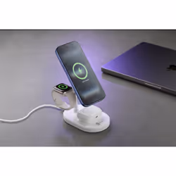Cellularline MAG TRIO 2IN1 WIRELESS CHARGING STATION Station di ricarica wireless 3in1, certificata con tecnologia Qi2.2 25W e allineamento magnetico perfetto, per la ricarica super fast e sicura di smartphones (25W), auricolari (5W) e slot adattabile per inserire il cavo di ricarica dello smartwatch Apple e Samsung (caricatore non incluso). - Vista aggiuntiva 2