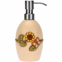 Questo dosa sapone di Thun è realizzato in ceramica e presenta un girasole e una farfalla come decorazioni.