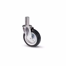 Descrizione prodotto - Ruota industriale con rivestimento in gomma e flange in acciaio. Con perno girevole. Con cuscinetti a  ...