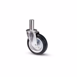 Descrizione prodotto - Ruota industriale con rivestimento in gomma e flange in acciaio. Con perno girevole. Con cuscinetti a  ...