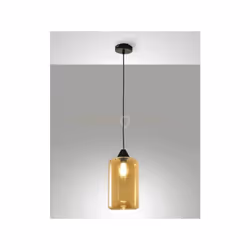 Lampadario a sospensione in vetro soffiato colore ambra e struttura in metallo nera, altezza regolabile fino a 200cm e attacc ...