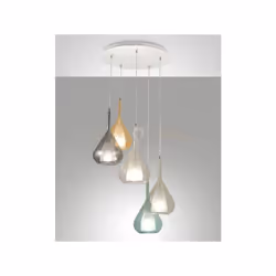 Lampadario a sospensione con struttura tonda bianca e 5 luci in vetro colorate in ambra, fumè, trasparente, verde, azzurro co ...