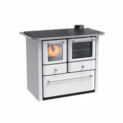 Cucina a legna con fiamma visibile e forno a vista, a 5 porte, con cassettone portalegna, Rivestimento in acciaio smaltato, P ...