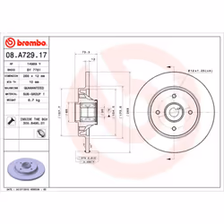 Disco freno BREMBO 08A72917 posteriore, pieno, 1 Pezzo