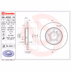 Disco freno BREMBO 08A33211 posteriore, pieno, 1 Pezzo