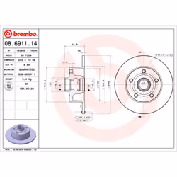 Disco freno BREMBO 08.6911.14, posteriore, pieno, 1 Pezzo