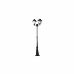 Palo in pressofusione di alluminio. Diffusori in vetro trasparente. Altezza max lampada: 210mm. Triangolo di fissaggio a terr ...