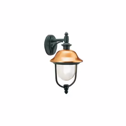 Applique con struttura in pressofusione di alluminio. Copertura superiore in rame. Diffusore in termoplastico trasparente. Al ...
