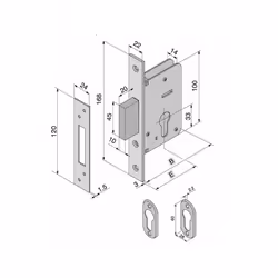 Serratura acciaio ottonato infilare legno Solo catenaccio Scatola mm 100 - Frontale mm 22x168 Incontro - 2 borchie Cilindro s ...