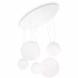 Collezione MAPA SFERE BIANCHE Lampadario a sospensione a 5 luci con montatura in metallo. Diffusori a sfera in vetro bianco s ...