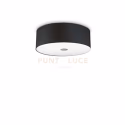 Lampada a soffitto con montatura in metallo cromato e diffusore in tessuto , chiuso sul fondo da vetro trasparente acidato.