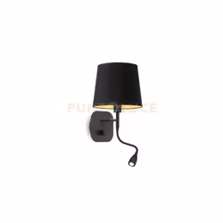 Applique a parete con montatura in metallo verniciato nero opaco. Paralume in lamina di pvc dorato rivestito in tessuto nero.