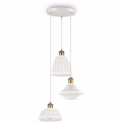 Collezione LUGANO TRE FORME IN CERAMICA Sospensione a 3 luci con rosone in metallo verniciato opaco. Cavo in tessuto con port ...