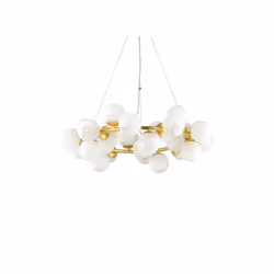 Lampadario a sospensione con rosone e montatura in metallo dorato. Diffusori in vetro incamiciato bianco, soffiato e acidato. ...