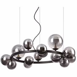 Collezione PERLAGE BOLLE IN VETRO SOFFIATO Sospensione moderna a 14 luci con montatura in metallo nero opaco con struttra lin ...
