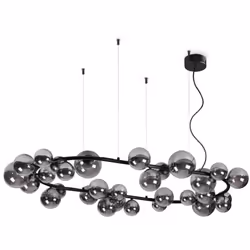 Collezione PERLAGE BOLLE IN VETRO SOFFIATO Sospensione moderna a 30 luci con montatura in metallo nero opaco con struttra lin ...