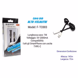 CAVO USB ALTA VELOCITA'Model: F-TC003Lunghezza cavo: 1 mtAmpere: 5volt - 2000mAColori: nero e biancoN.B.IL COLORE DELL'OGGETT ...