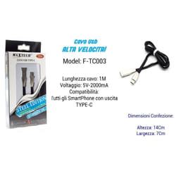 Maxtech - Cavo Usb Type-c Alta Velocita' Per Smartphone 1mt Ampere 5v - 2000ma F-tc003 -
