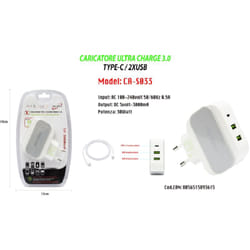 Maxtech - Caricatore Ultra Charge 3.0 Type-c/2xusb Ricarica Per Smartphone 5v-3000ma Ca-s033 -