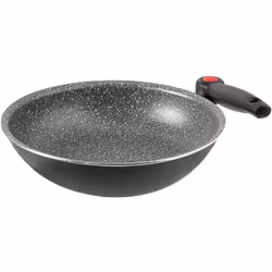 Padella wok ø 28 cm in alluminio con rivestimento antiaderente. Grazie al manico pieghevole brevettato è salvaspazio.