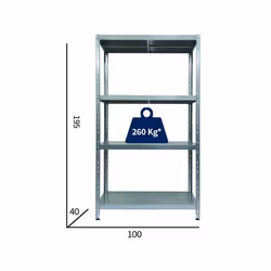 Misure: 100 x 40 x 195h (in cm) Portata Totale: 1.040 Kg Colore zincato  Kit maciste 4 piani Scaffale in metallo a bullone o  ...