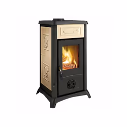 Stufa a legna Nordica Gemma Liberty, colore panna. Caratteristiche: • Focolare in ghisa • Porte, telaio, basamneto e testata ...