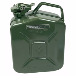Tanica in metallo omologata per il trasporto di carburante, capacità 5 L. Pareti con spessore 0,9 mm, di colore verde. Chiusu ...