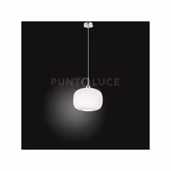 Sospensione 1 luce con montatura inmetallo finitura cromo lucido e vetroplissettato bianco soffiato e acidato, diametro 25cm. ...