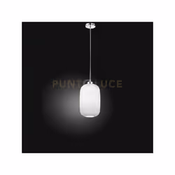 Sospensione 1 luce con montatura inmetallo finitura cromo lucido e vetroplissettato bianco soffiato e acidato, diametro 20cm. ...