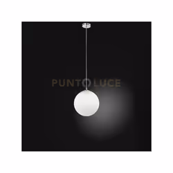 Sospensione 1 luce con montatura in metallo finituracromo lucido e vetro bianco soffiato e acidato sferico, diametro 30cm att ...